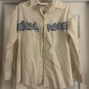 Women's Cream Button Down Shirt with Blue Cityscape